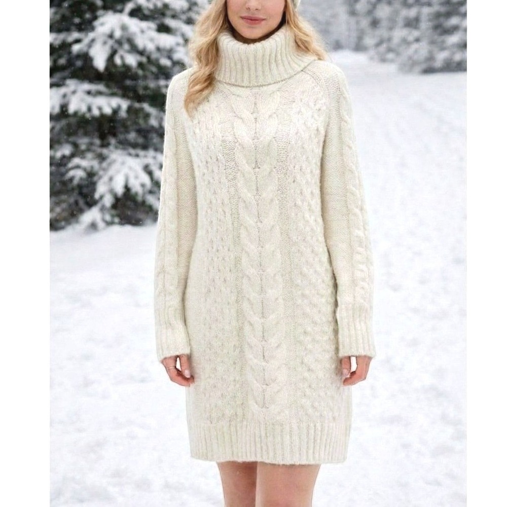 NWOT Banana Republic Wool Cable Knit Turtleneck Sweater Dress Cream Classic Wool